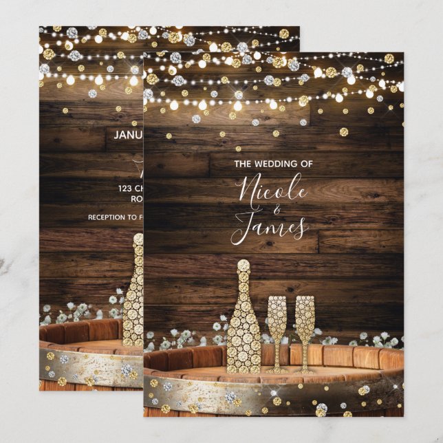 Invitación Luces de barril de madera rústica Champagne Boda m (Anverso / Reverso)