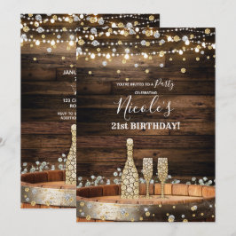 Invitación Luces de barril de madera rústica Champagne fiesta