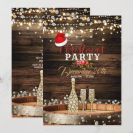 Invitación Luces de barril de madera rústica Champán Navidad