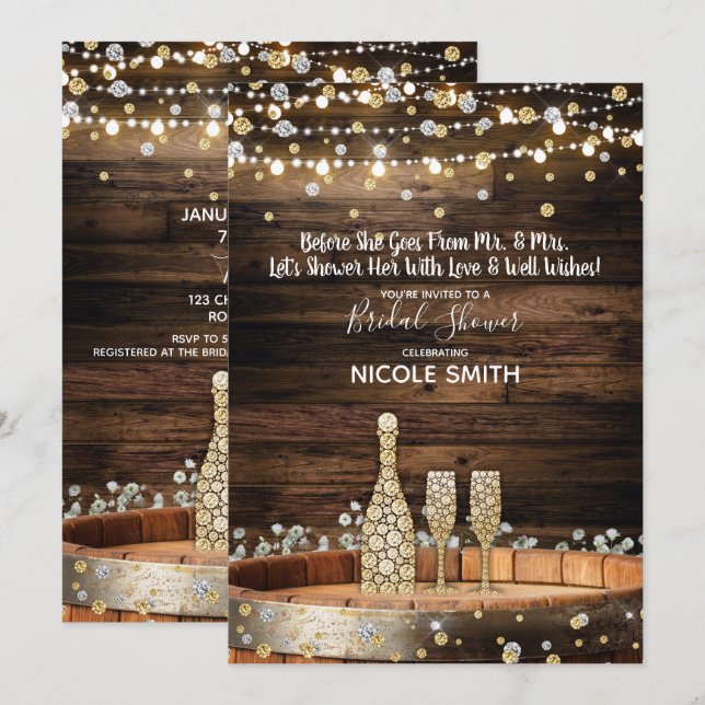 Invitación Luces de barril de madera rústica para brindis de  (Anverso / Reverso)