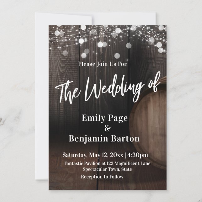 Invitación Luces de barril de vino de madera Casuales La boda (Anverso)