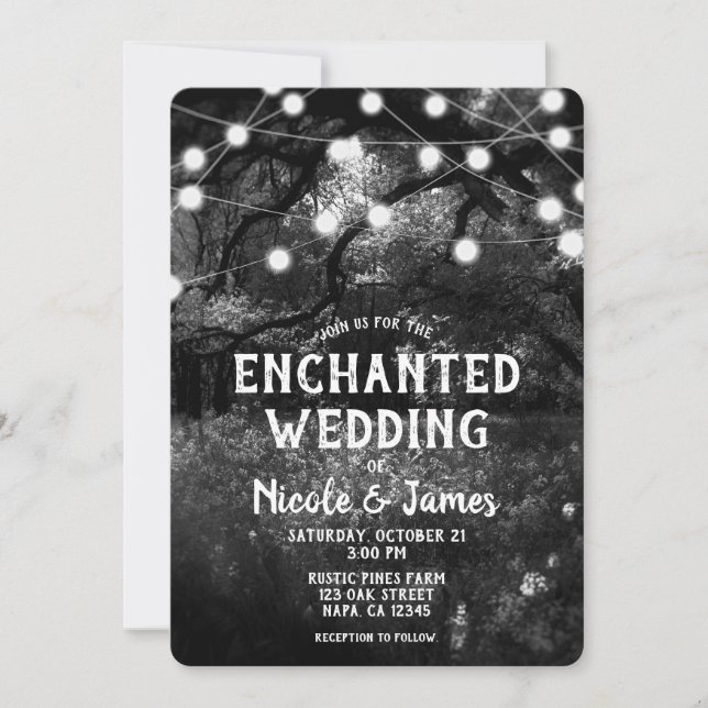 Invitación Luces de Boda Bosque Encantado Rústico Blanco Negr (Anverso)