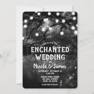 Invitación Luces de Boda Bosque Encantado Rústico Blanco Negr