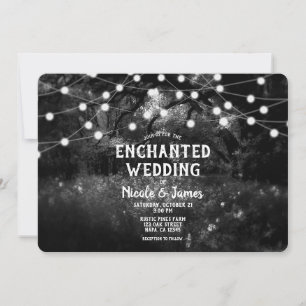 Invitación Luces de Boda Bosque Encantado Rústico Blanco Negr