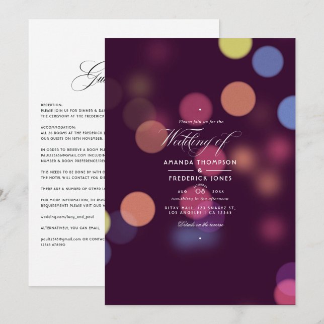 Invitación Luces de Boda Clásicas Modernas con Bokeh (Anverso / Reverso)
