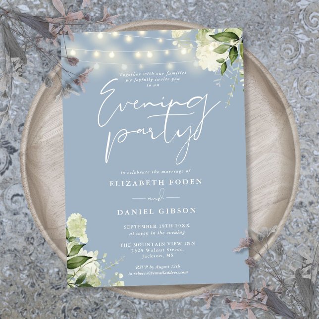Invitación Luces de boda de greenery azul polvoriento para fi (Dusty Blue Greenery Lights Wedding Evening Party Invitation)