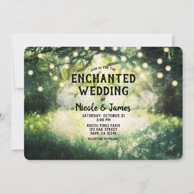 Invitación Luces de Boda del Encantado Bosque Verde Rústico (Anverso)