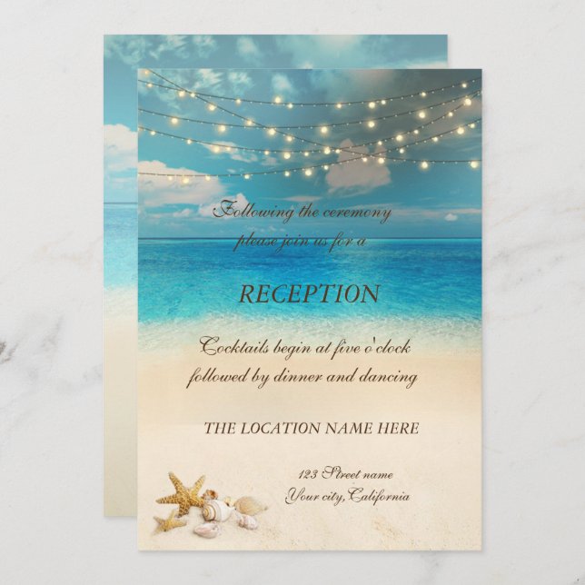 Invitación Luces de Boda en la Playa Caracoles Recepción (Anverso / Reverso)
