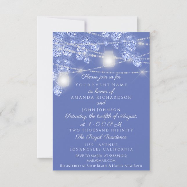 Invitación Luces de Boda Frascos Rustico Brillante Azul Cielo (Anverso)