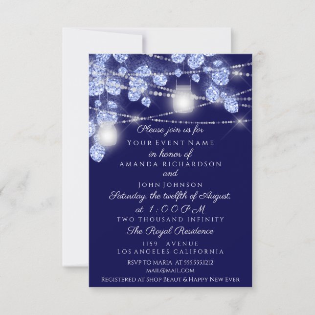 Invitación Luces de boda Frascos Rústico Brillo Azul Marino (Anverso)