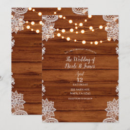 Invitación Luces de Boda Rústicas de Madera con Encaje y Cuer