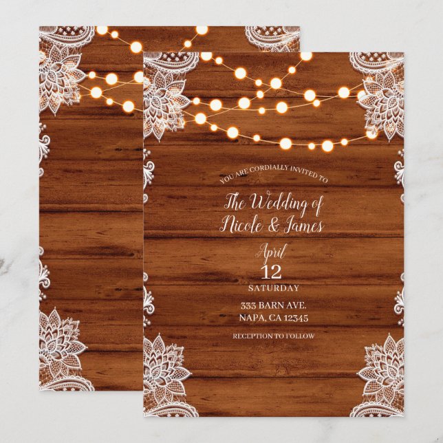 Invitación Luces de Boda Rústicas de Madera con Encaje y Cuer (Anverso / Reverso)