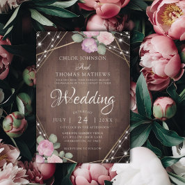Invitación Luces de Boda Rústicas de Madera y Cuerdas con Flo