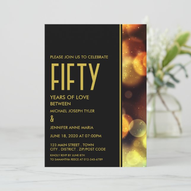 Invitación Luces de Bokeh al Anochecer, Aniversario (Anverso de pie)