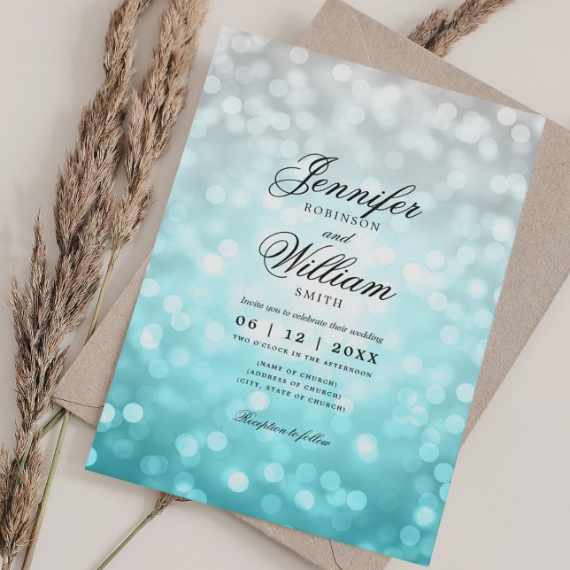Invitación Luces de bokeh de boda elegante romántica playa om (Elegant Wedding Bokeh Lights Romantic Beach Ombre Invitation)