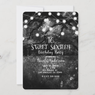 Invitación Luces de bosque encantado negro y blanco Fiesta de