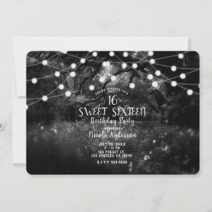 Invitación Luces de bosque encantado negro y blanco Fiesta de