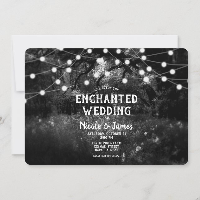 Invitación Luces de bosque encantado rústico en blanco y negr (Anverso)