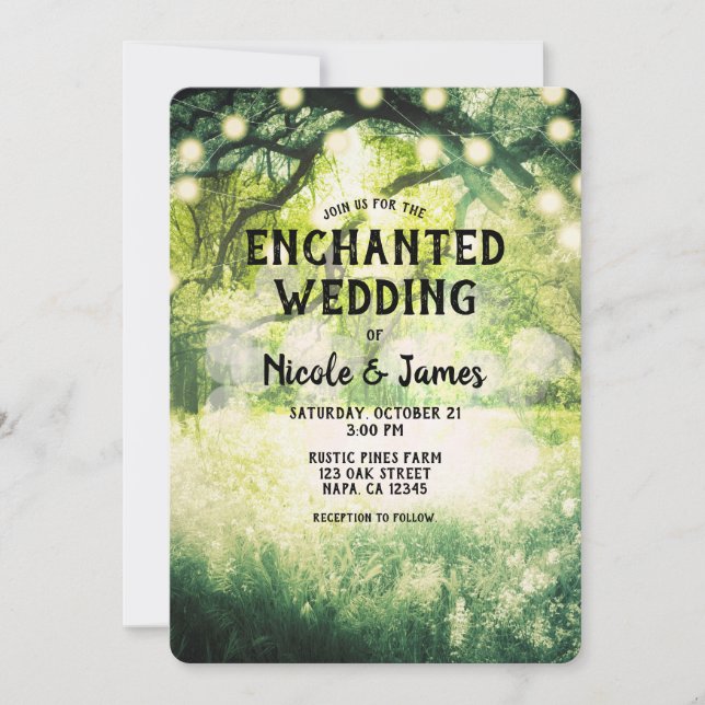 Invitación Luces de bosque encantado verde rústico para bodas (Anverso)