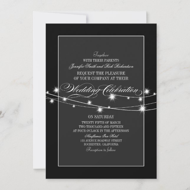 Invitación Luces de brillo blancas y negras boda moderno (Anverso)