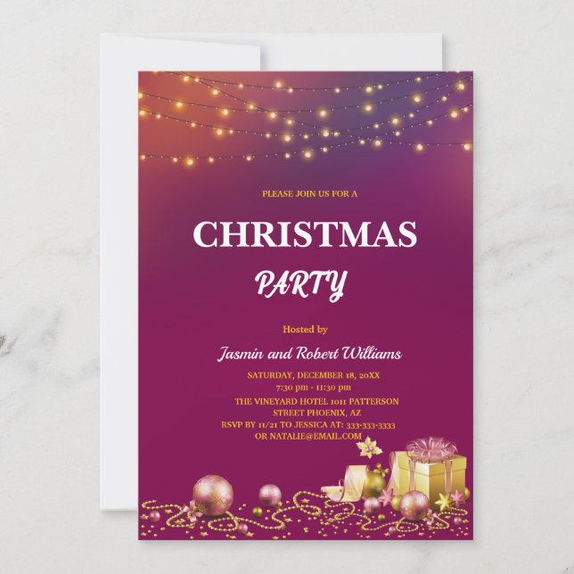 Invitación Luces de Cadena Amarillas Fiesta de Navidad Morada (Anverso)