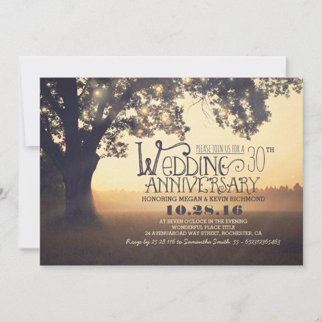 Invitación luces de cadena árbol boda aniversario rústico (Anverso)