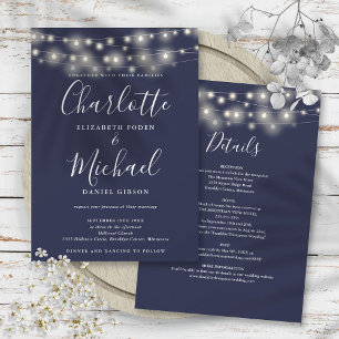 Invitación Luces de Cadena Azul Marino Todo en Uno Boda Simpl