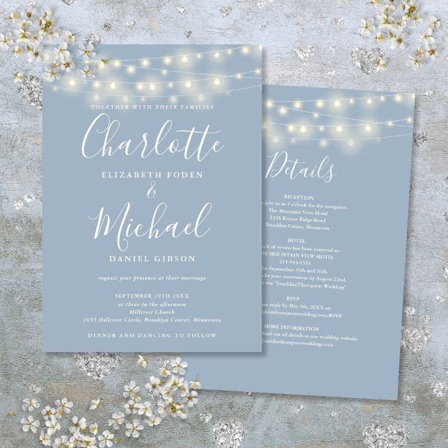 Invitación Luces de Cadena Azul Polvoriento Todo en Uno Boda  (String Lights Dusty Blue All In One Simple Wedding Invitation)