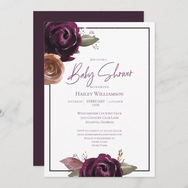 Invitación Luces de cadena Baby Shower Pink Gold Purple Flora (Anverso / Reverso)