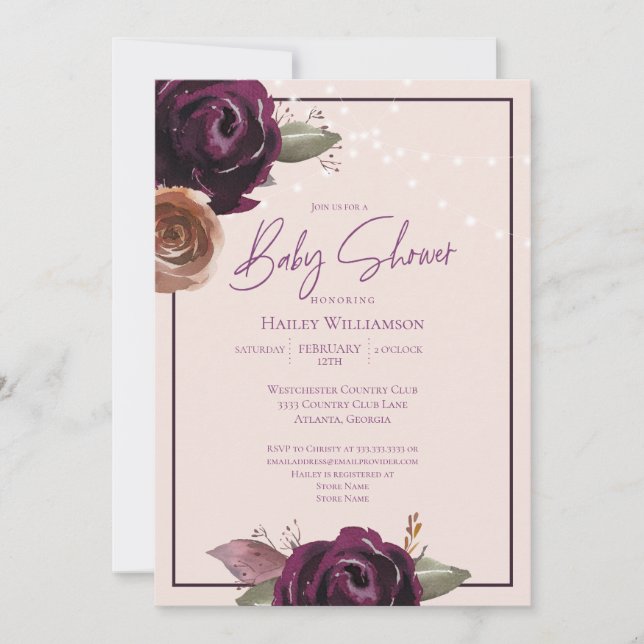 Invitación Luces de cadena Baby Shower Plum rosa Morado Flora (Anverso)