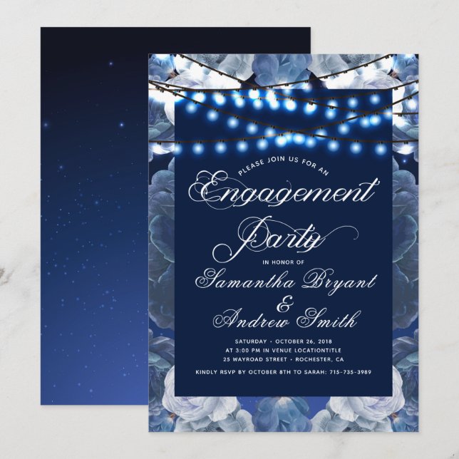 Invitación Luces de cadena Compromiso Elegante Azul (Anverso / Reverso)