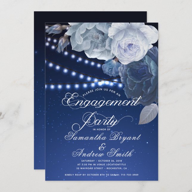 Invitación Luces de cadena Compromiso Elegante Azul (Anverso / Reverso)