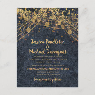 Invitación Luces de Cadena con Brillo Dorado Azul Marino para