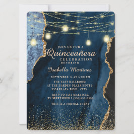 Invitación Luces de Cadena con Brillo Dorado Azul Marino Quin