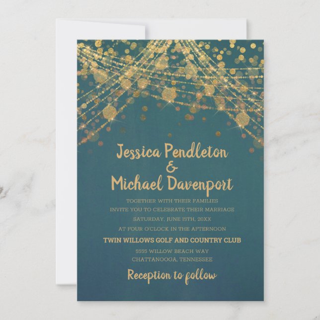 Invitación Luces de Cadena con Brillo Dorado Turquesa para Bo (Anverso)