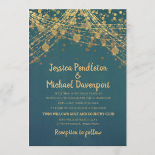 Invitación Luces de Cadena con Brillo Dorado Turquesa para Bo