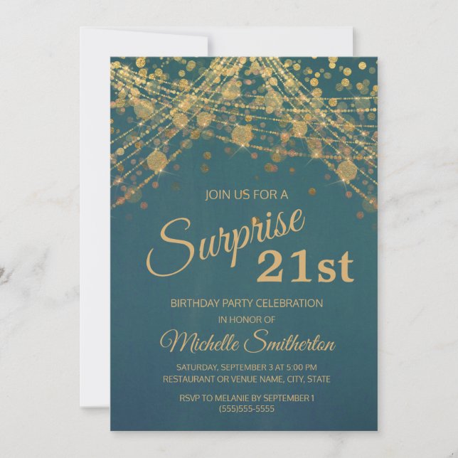 Invitación Luces de Cadena con Brillo Dorado Verde 21 Cumplea (Anverso)