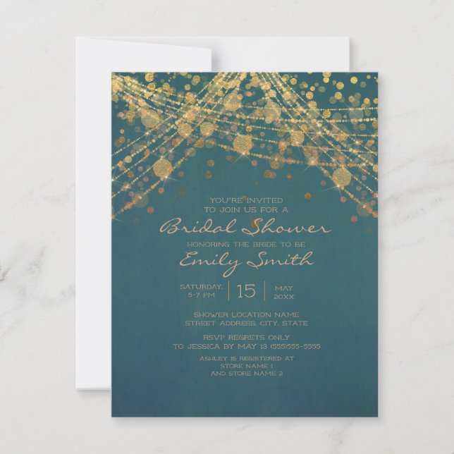 Invitación Luces de Cadena con Brillo Dorado Verde Acuático p (Anverso)