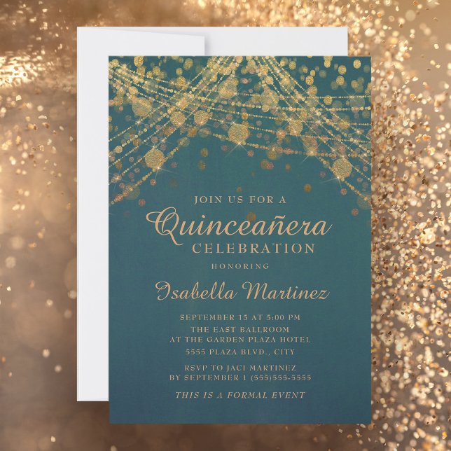 Invitación Luces de Cadena con Brillo Dorado Verde Quinceañer (Subido por el creador)