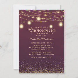 Invitación Luces de Cadena con Brillo Dorado y Borgoña Quince