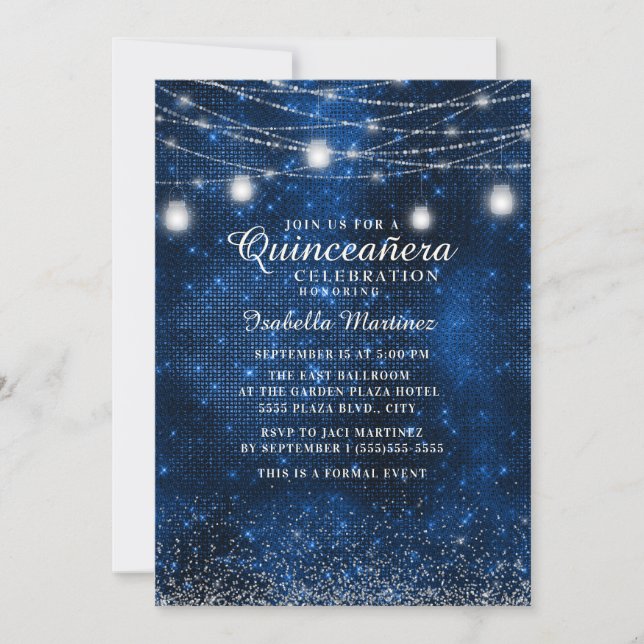 Invitación Luces de Cadena con Brillo Plateado Azul Marino Qu (Anverso)
