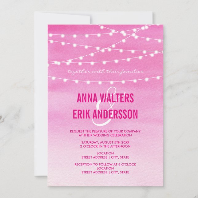 Invitación Luces de Cadena de Acuarela Fucsia (Anverso)