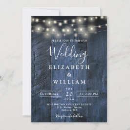 Invitación Luces de Cadena de Boda de Madera Rústica Azul Cód