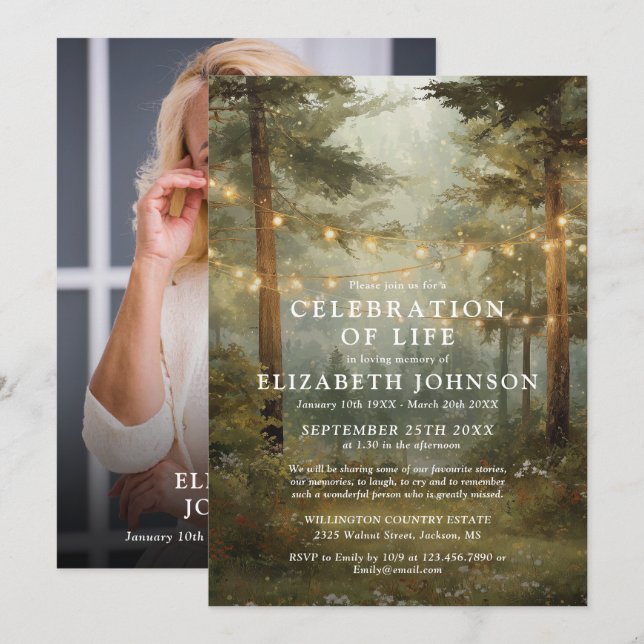 Invitación Luces de Cadena de Bosque Celebración de la Vida F (Anverso / Reverso)