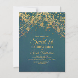 Invitación Luces de Cadena de Brillo Dorado Verde Dulce 16