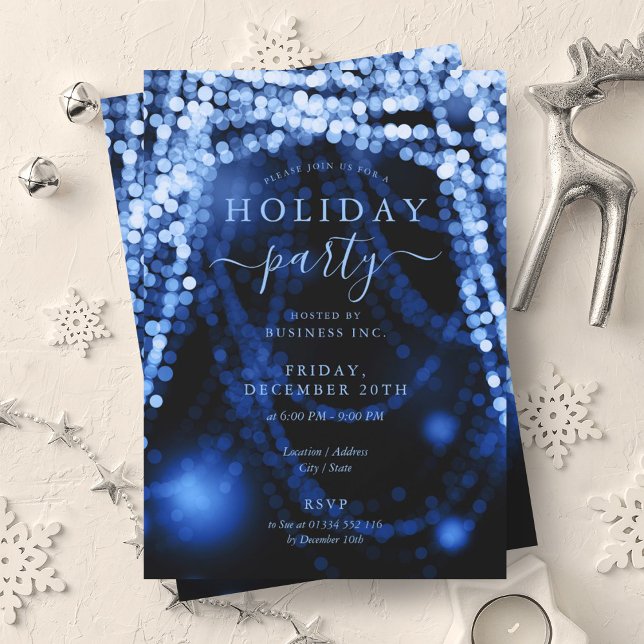 Invitación Luces de cadena de fiesta navideña de la Compañía  (Navy Blue Company Holiday Party String Lights Invitation)