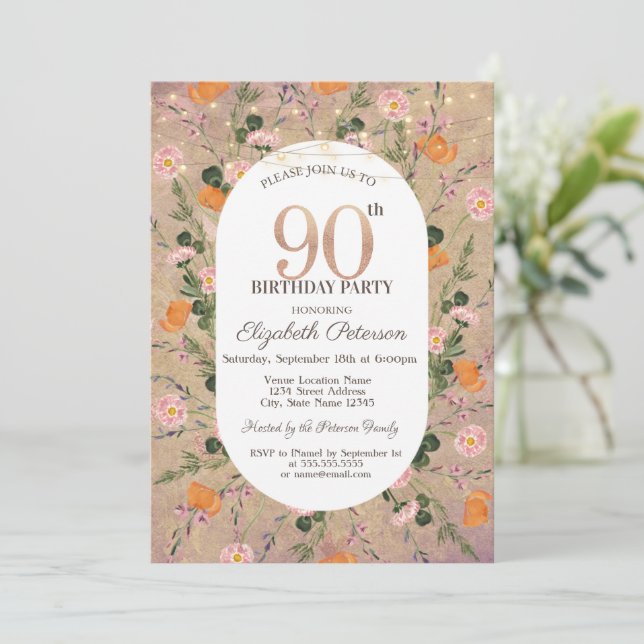 Invitación Luces de Cadena de Flor Silvestre Naranja Cumpleañ (Anverso de pie)