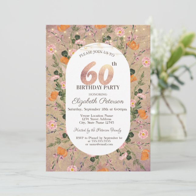 Invitación Luces de Cadena de Flor Silvestre Naranja Cumpleañ (Anverso de pie)