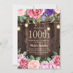 Invitación Luces de Cadena de Flores Moradas Rosadas Rústicas