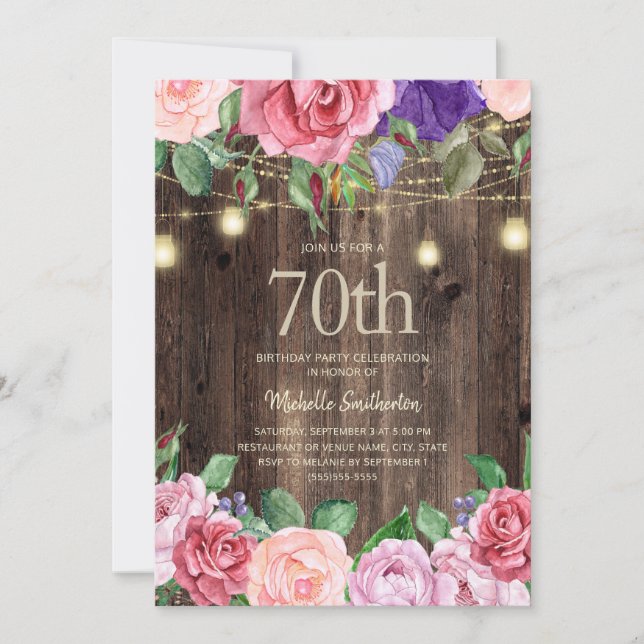 Invitación Luces de Cadena de Flores Moradas Rosadas Rústicas (Anverso)